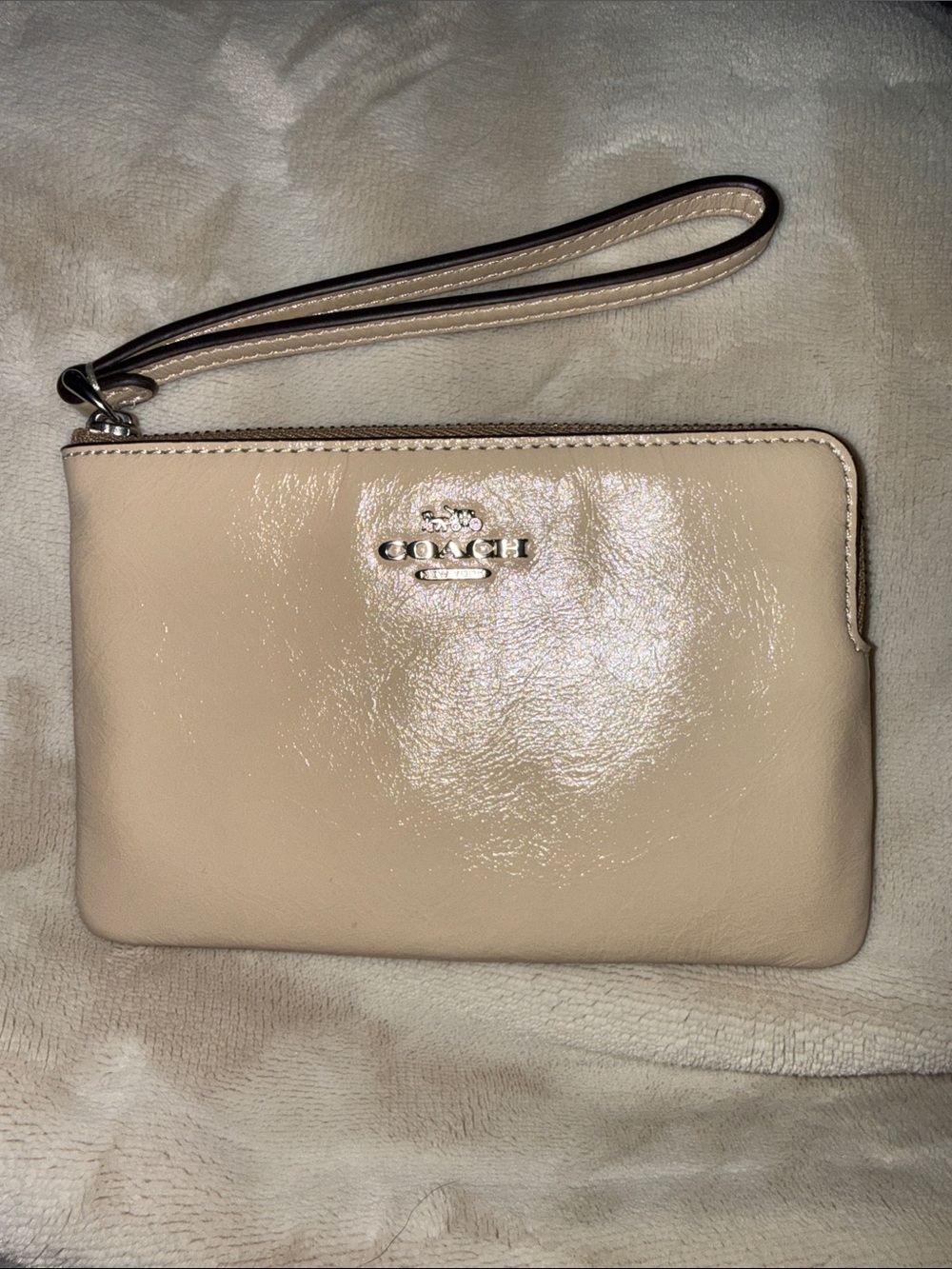 Coach Glossy Patent Leather Wristlet in Nude